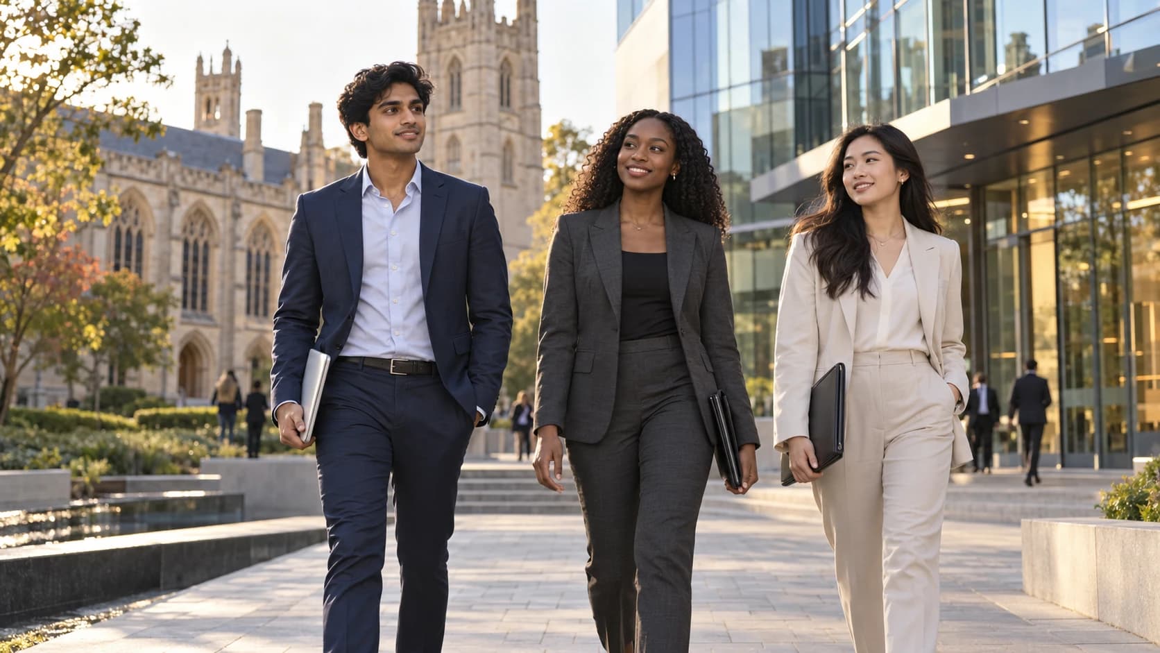 Three graduates walking together across a university campus towards a modern office building, carrying laptops