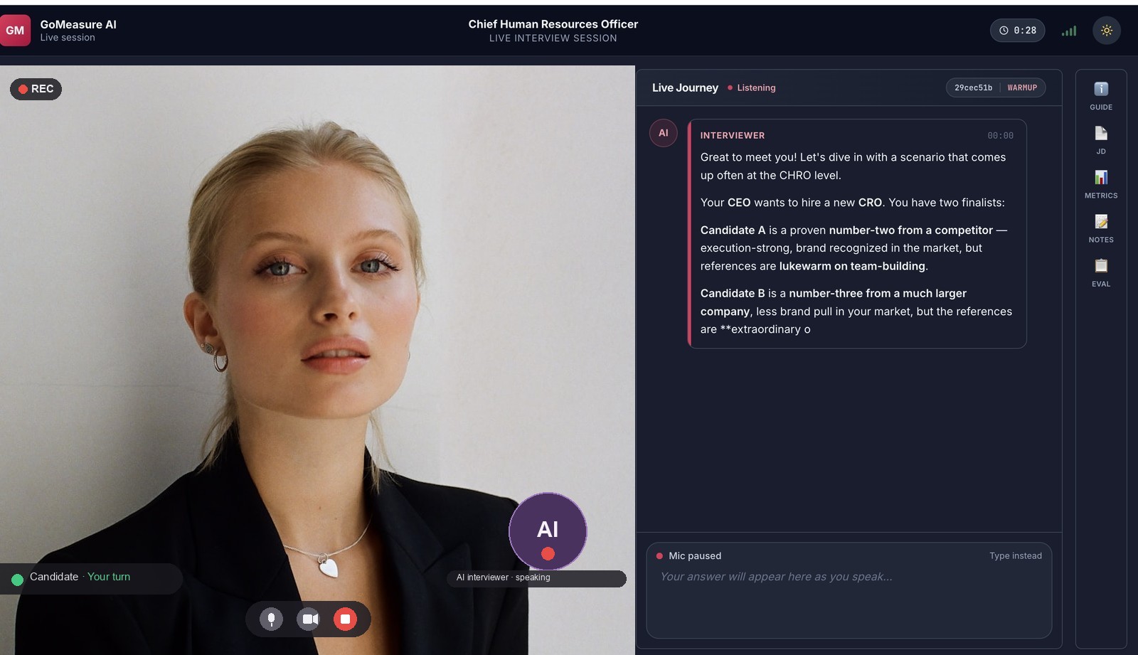 A live GoMeasure AI interview: the candidate on the left, the AI interviewer's Live Journey panel posing a CHRO scenario on the right