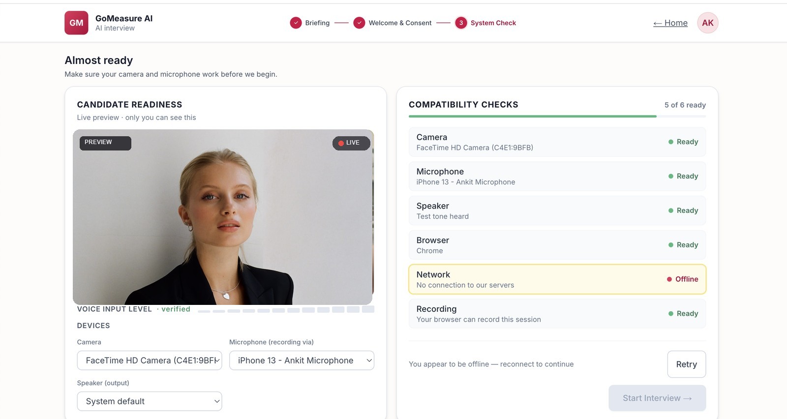 GoMeasure candidate-readiness and system check: camera, microphone, speaker, browser, network and recording checks before the interview begins